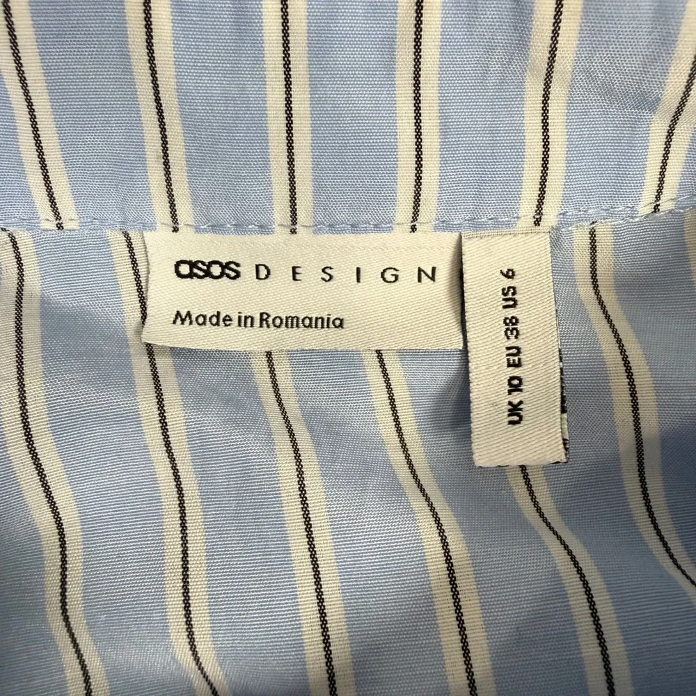 ASOS DESIGN Blue White Striped Oversized Mini Shirt Dress Long Puff Sleeve US 6